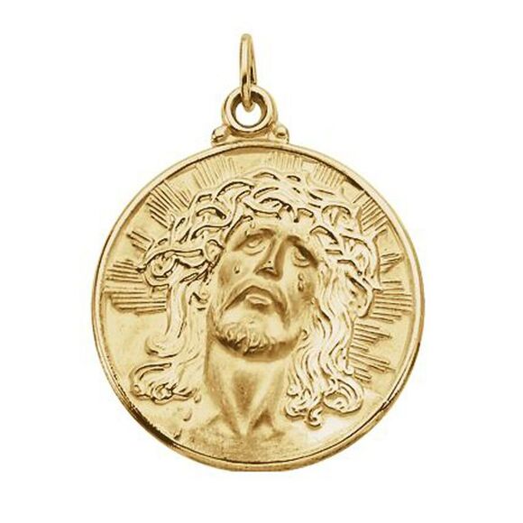 14k Yellow Gold Round Face of Jesus Medal Pendant 22mm (7/8 Inch)